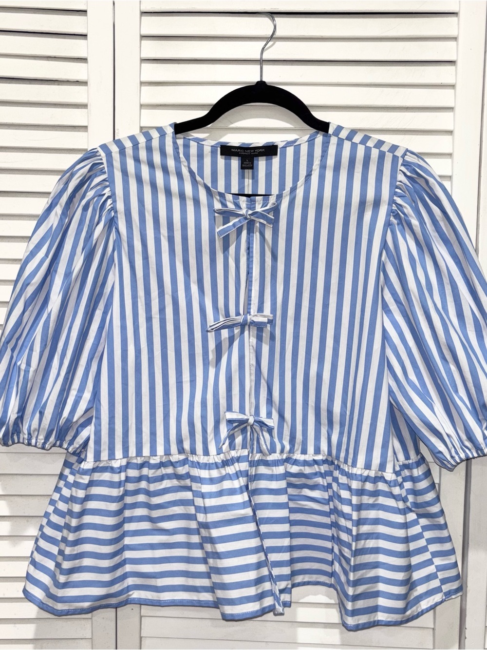 Marc New York Andrew Marc Striped Blue and White Bow Front Peplum Blouse